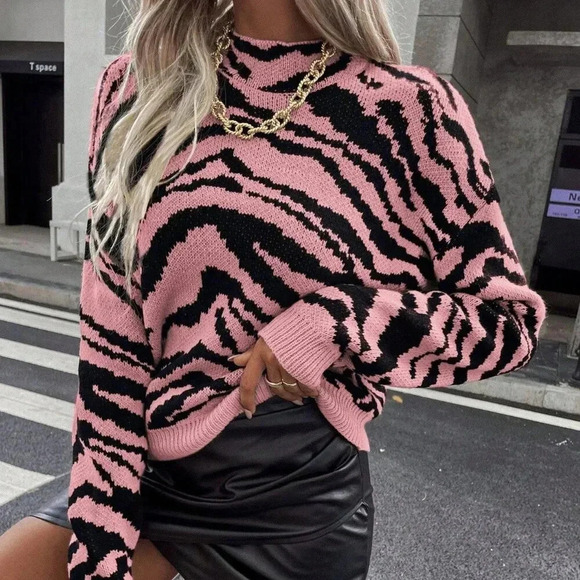 Multicolor Casual Women's Zebra Pattern Batwing Sleeve Pullover Sweater - Picture 3 of 7